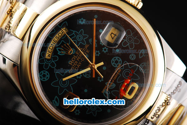 Rolex Day-Date II Oyster Perpetual Automatic Movement Two Tone with Gold Bezel and Flower Pattern Black Dial - Click Image to Close